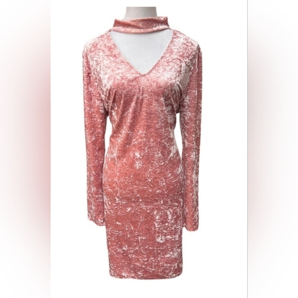 Ambiance Pink Long Sleeve Crushed Velvet Dress w/ Collar Cut Out Size Medium - Picture 1 of 4